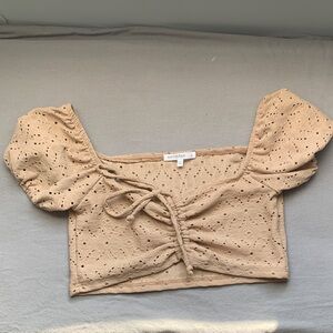 ANTISTAR- Tan Eyelet Puff Sleeve Crop Top